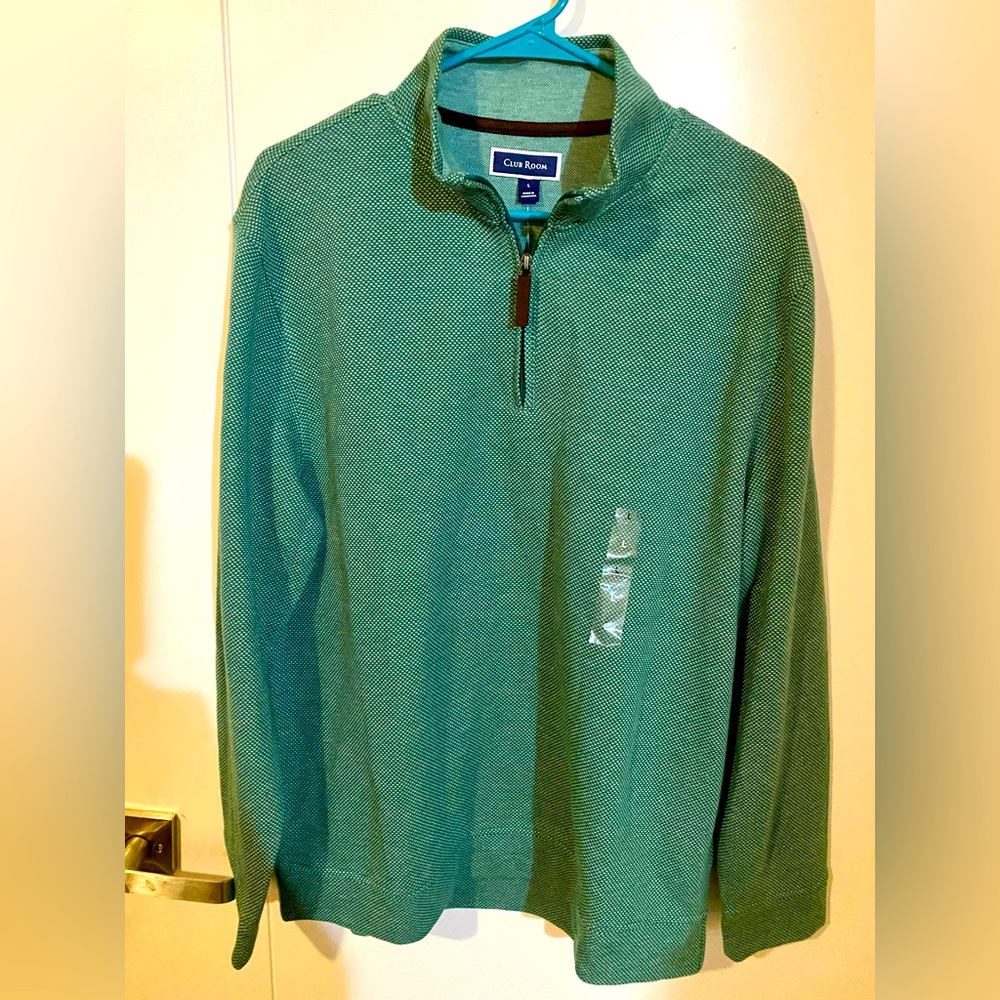 Club Room Quarter-Zip Pullover Sweater Men's L Marine Green Birdseye Long Sleeve